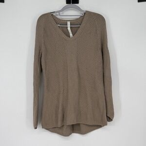 Lululemon Pima Cotton Wool V-Neck Textured Knit Sweater Tan Brown Size 4